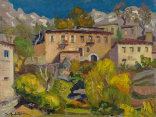 Arachova, Snowy Mountains — Oil painting, Canvas, 39.50×51.00cm — Theodoros Markellos